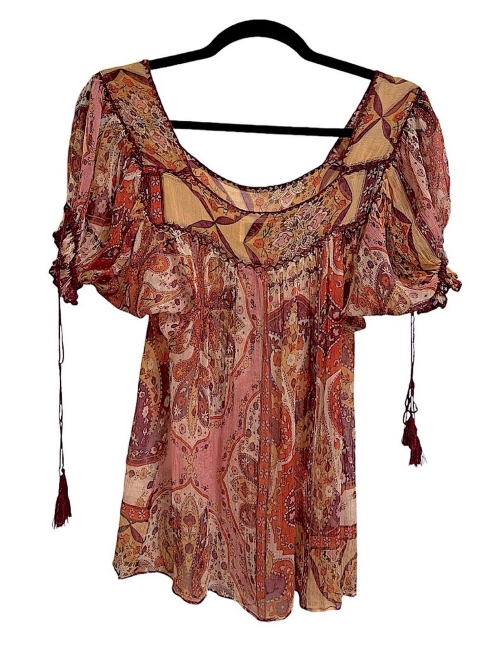Ice Silk Boho Print Crochet Tassel Peasant Blouse Festival Cottagecore Top Sz S - Picture 2 of 12